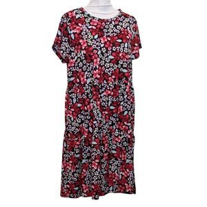 Floral Stretchy Red Black Tiered Midi Dress Flowy Loose Oversized Medium